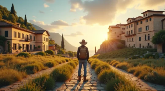 Ospite con valigia davanti a diversi tipi di alloggi immersi in paesaggi italiani