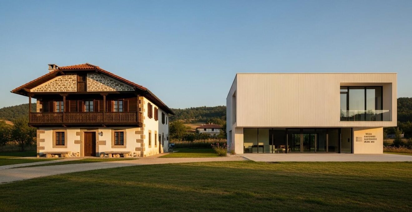 Confronto visivo tra una casa popolare vernacolare e un edificio moderno nobiliare su sfondo naturale