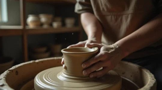Mani che modellano un oggetto artigianale in un atelier luminoso