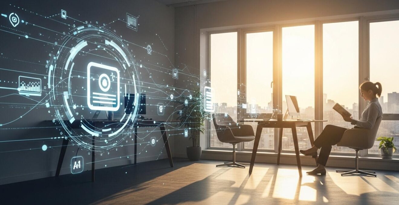 Un flusso digitale che mostra attività ripetitive automatizzate e una figura rilassata che si dedica a compiti a valore aggiunto.