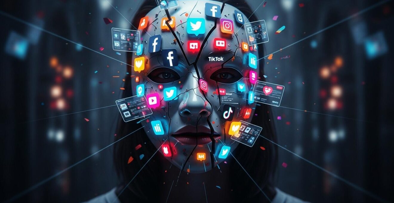 Illustrazione simbolica che rappresenta l'illusione della felicità sui social media con una maschera rotta e schermi digitali