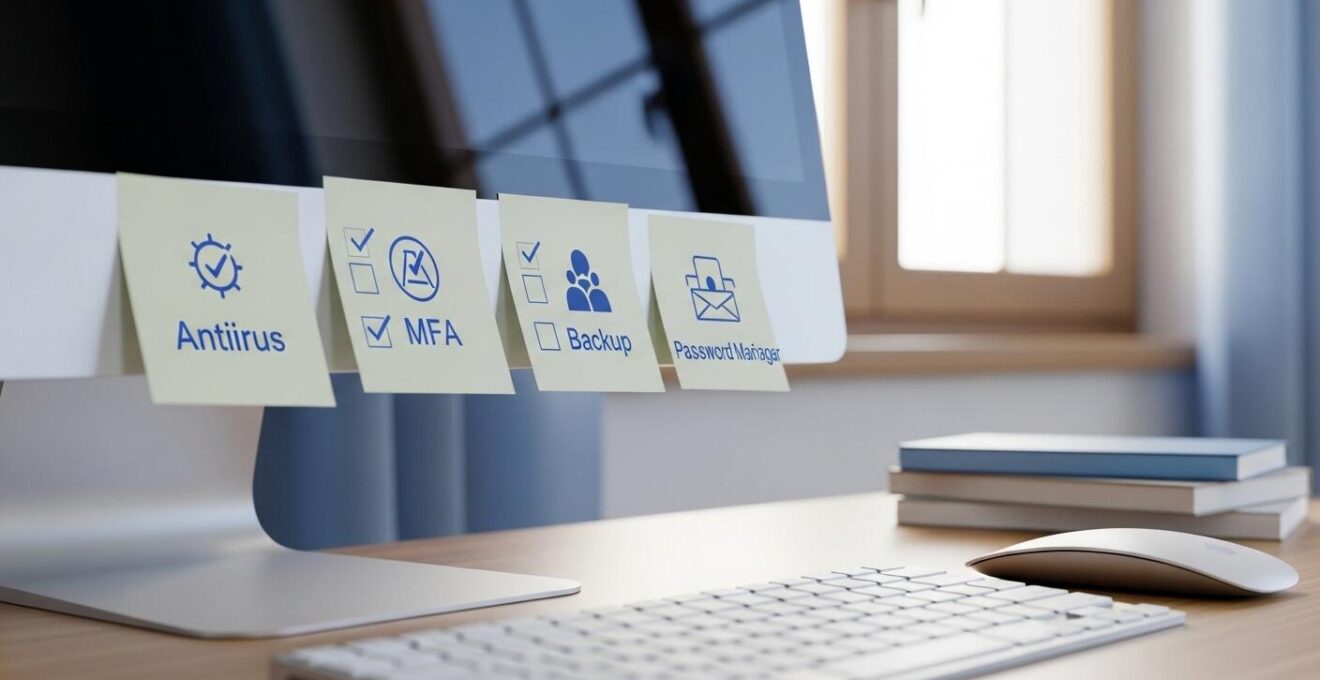 Lista di controllo visiva per la sicurezza informatica in ambito domestico, rappresentata in ambiente italiano.