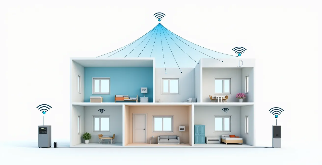 Diagramma illustrativo che mostra le differenze tra ripetitore Wi-Fi, powerline e sistema mesh con casa a più stanze e piani