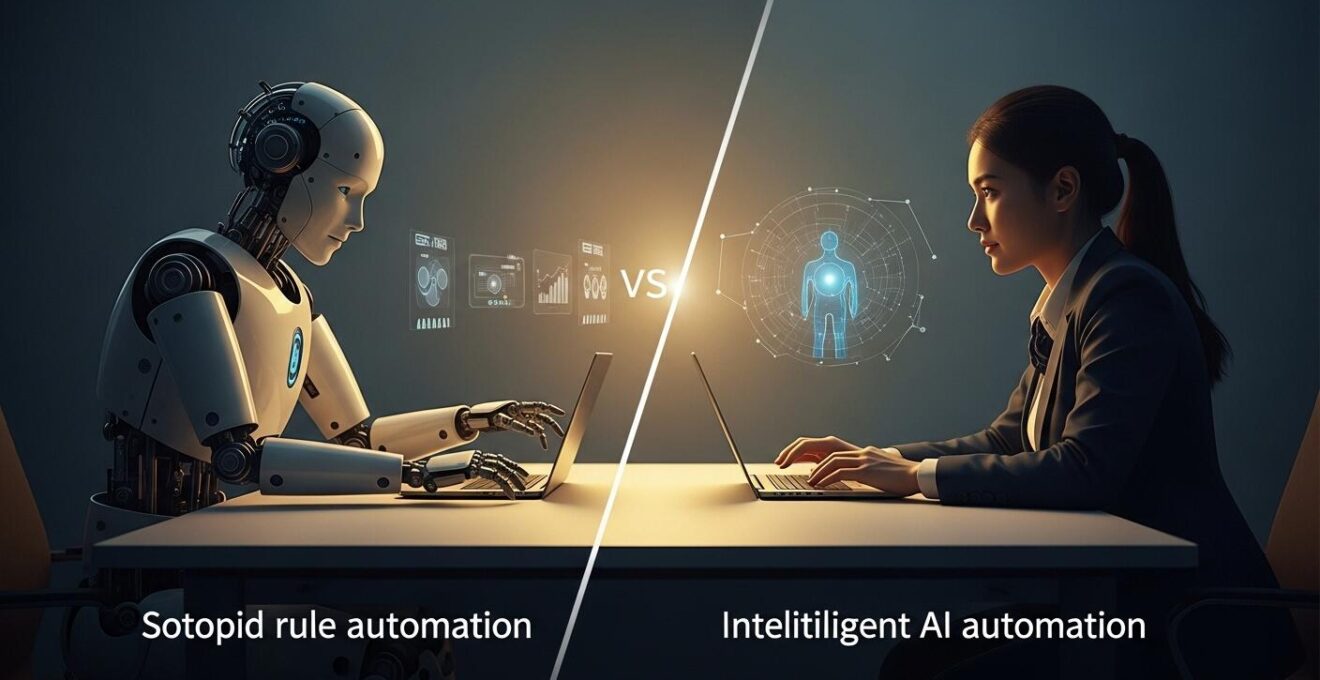 Illustrazione simbolica che mostra da un lato un robot che esegue compiti ripetitivi e dall'altro un umano che collabora con un'intelligenza artificiale avanzata
