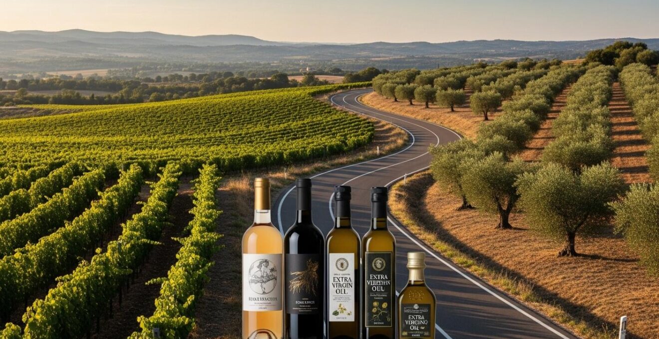 Una strada panoramica che attraversa vigneti e uliveti con bottiglie di vino e olio extravergine in primo piano, simbolizzando un viaggio enogastronomico.