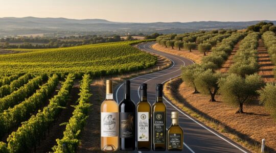 Una strada panoramica che attraversa vigneti e uliveti con bottiglie di vino e olio extravergine in primo piano, simbolizzando un viaggio enogastronomico.