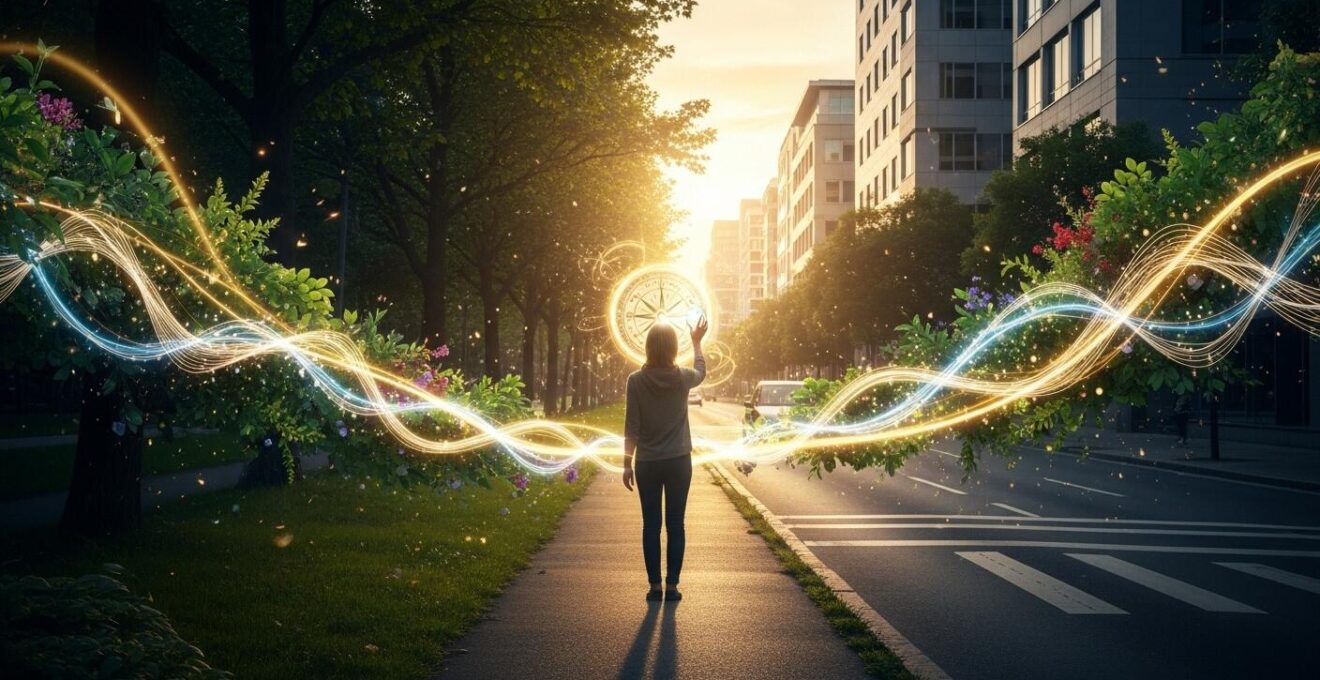 Immagine simbolica di una persona che forgia il proprio stile di vita autentico con elementi naturali e urbani