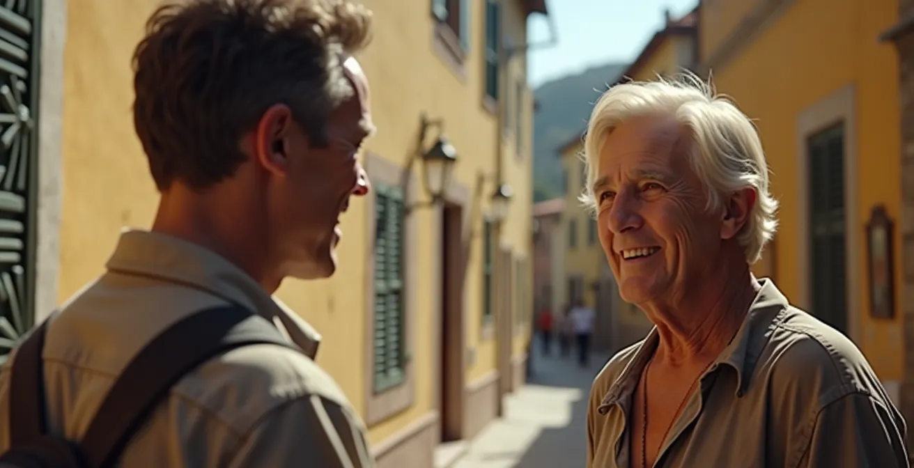 Persona che interagisce con abitanti locali in un borgo italiano, simbolo di integrazione e rispetto