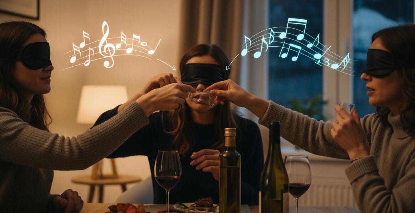 Scena di una degustazione multisensoriale a casa con amici bendati che assaggiano vini e oli, accompagnata da elementi sensoriali come luci colorate e suoni