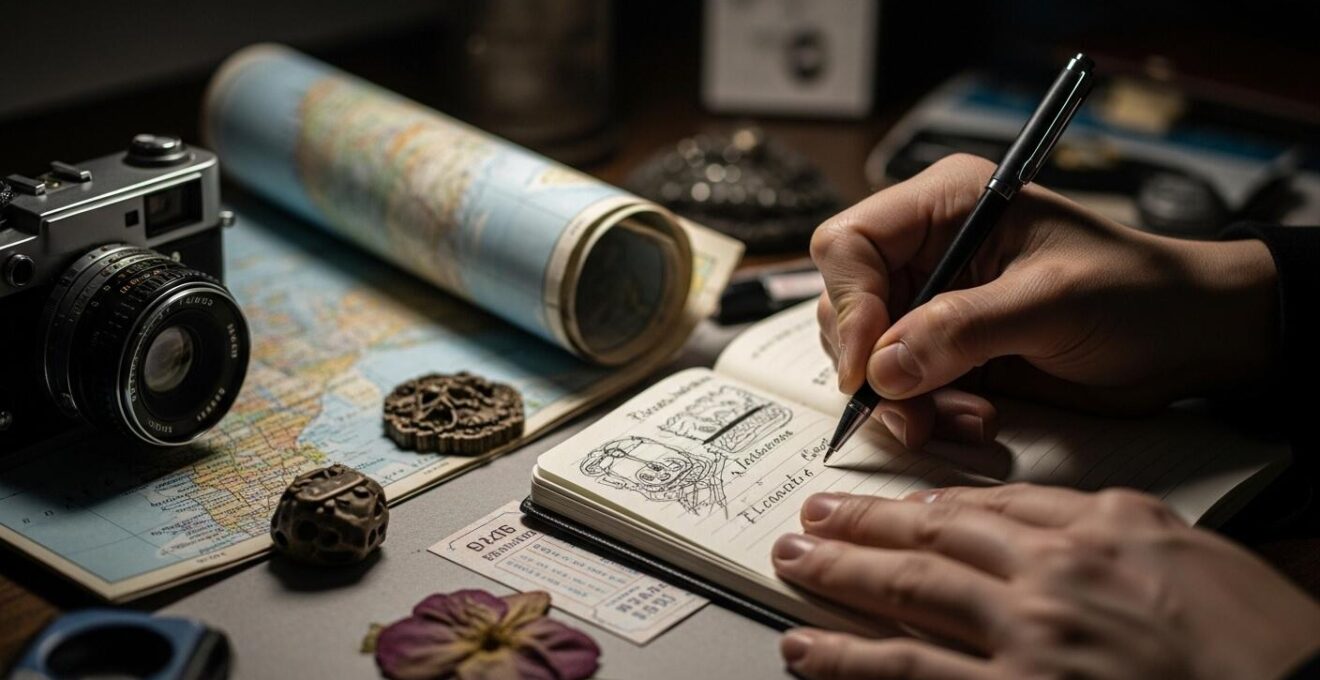 Viaggiatore che scrive e disegna in un diario con dettagli di paesaggi e emozioni