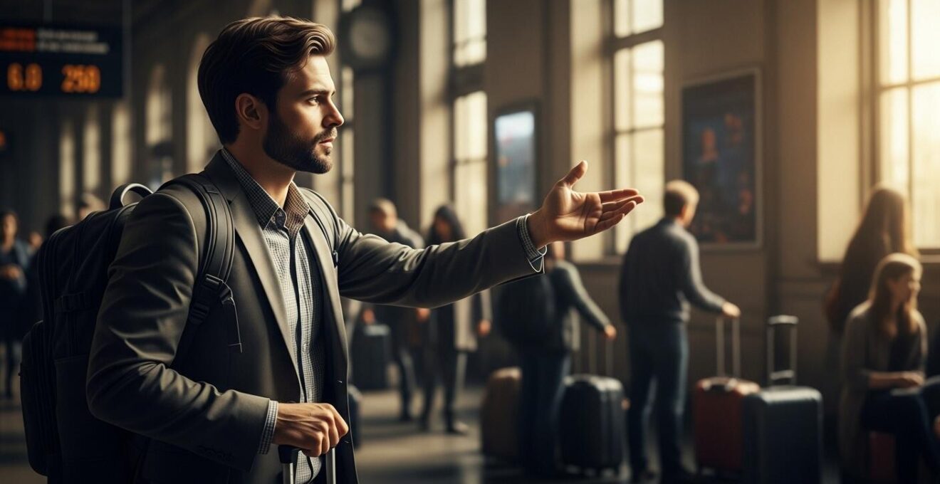 Viaggiatore che affronta un imprevisto con calma e determinazione in un contesto urbano movimentato