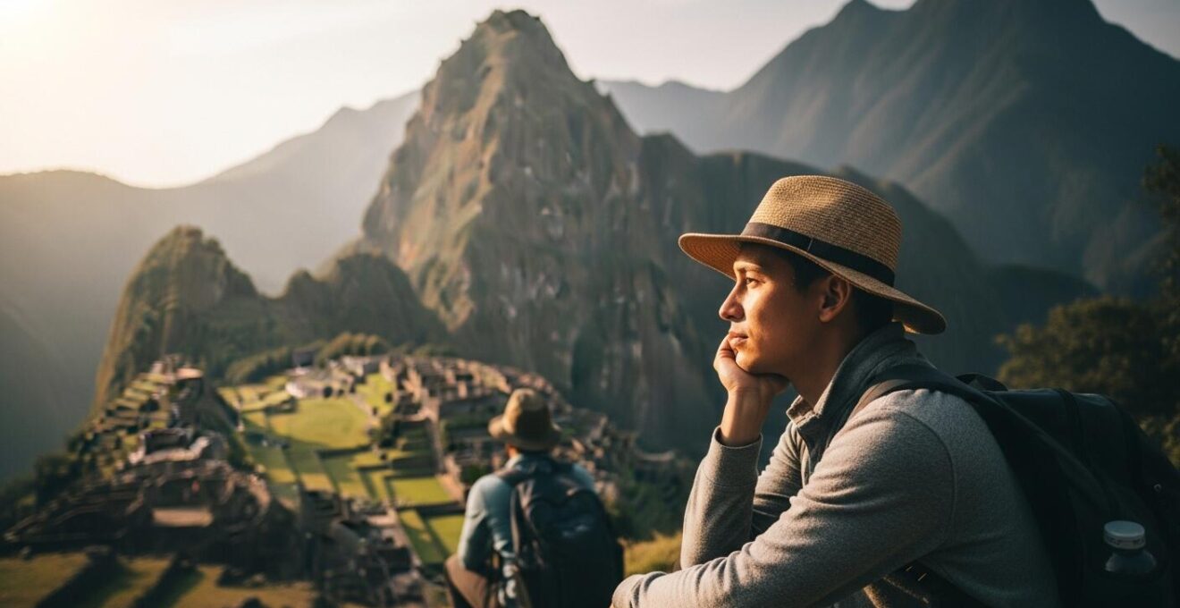 Viaggiatore lento che contempla un paesaggio naturale, simbolo di scoperta interiore e connessione con il mondo
