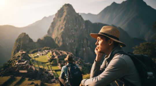 Viaggiatore lento che contempla un paesaggio naturale, simbolo di scoperta interiore e connessione con il mondo