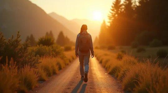 Viaggiatore che si gode un paesaggio tranquillo a passo lento, simbolo della lentezza e della scoperta profonda