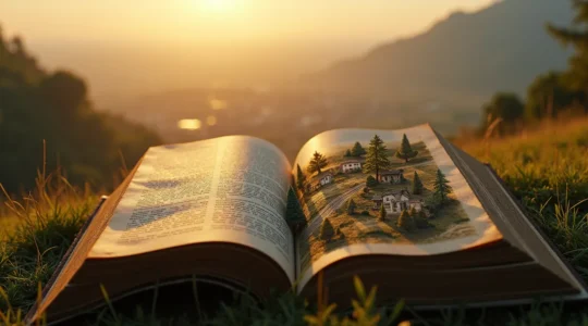 Vista panoramica di un paesaggio urbano e rurale fusi come pagine di un libro aperto