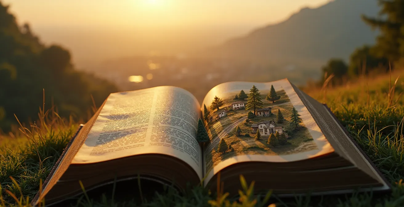 Vista panoramica di un paesaggio urbano e rurale fusi come pagine di un libro aperto