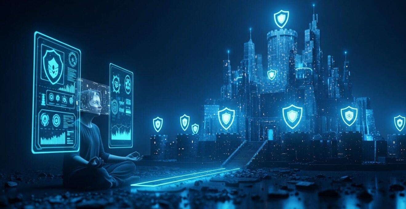 Un simbolo di una fortezza digitale che combina elementi umani e tecnologici, proteggendo un ambiente digitale mentre una mente riflessiva monitora.
