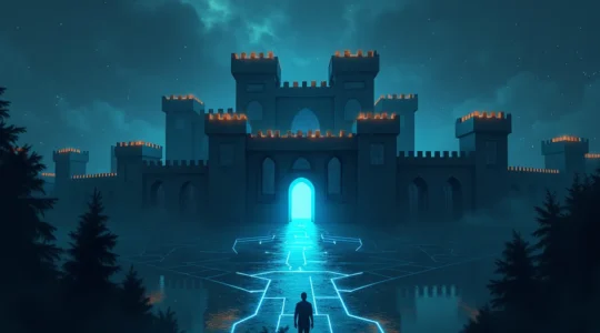 Illustrazione di una fortezza digitale che simboleggia la protezione mentale e pratica della vita online con elementi simbolici di sicurezza digitale