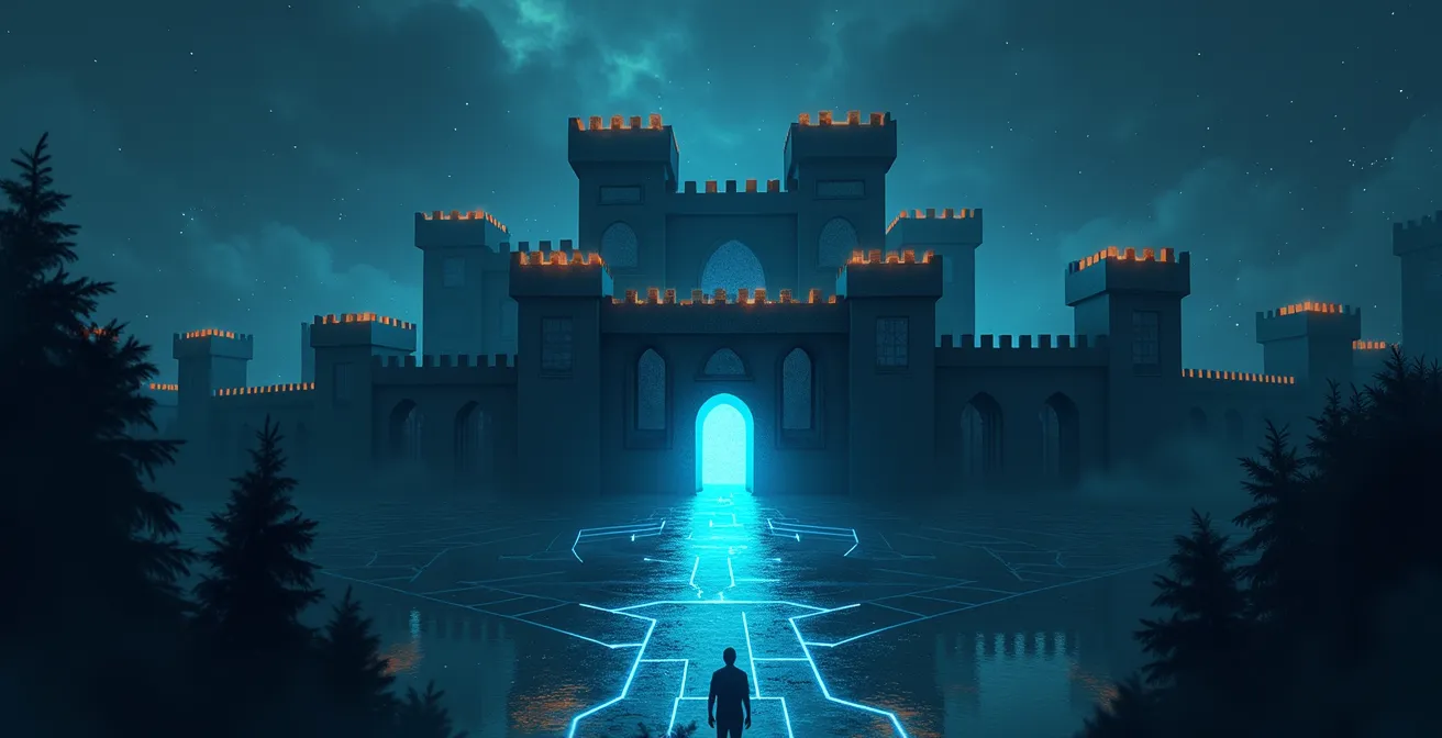 Illustrazione di una fortezza digitale che simboleggia la protezione mentale e pratica della vita online con elementi simbolici di sicurezza digitale