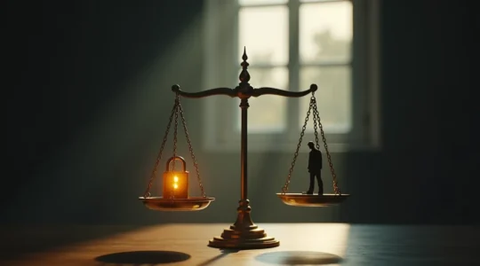 Una bilancia che pende tra privacy e fiducia dei clienti con icone di dati e scudo