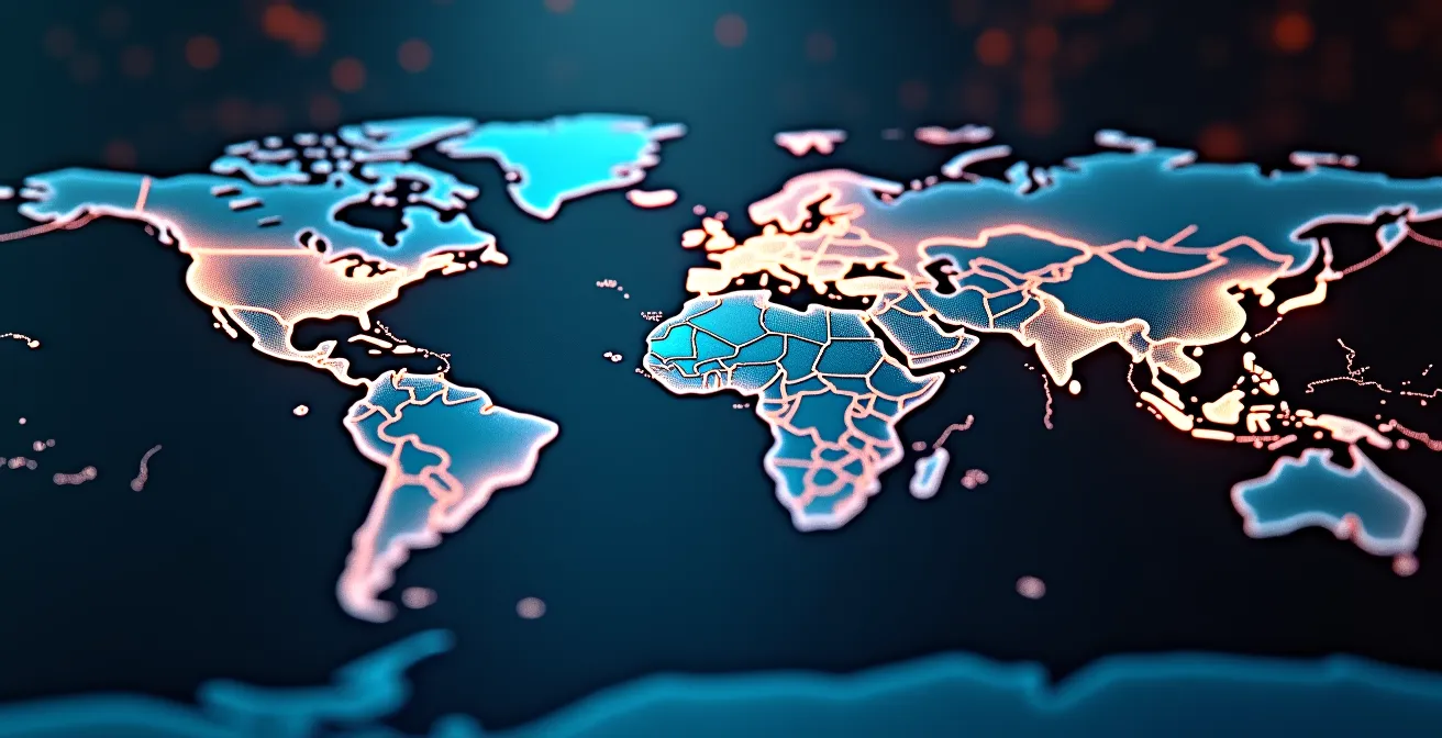 Visualizzazione simbolica della rete globale di cavi sottomarini e data center con elementi geopolitici