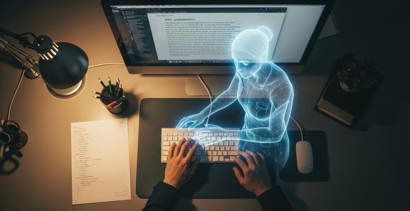 Una scrivania con schermo su cui si vede un assistente AI che replica lo stile di scrittura di un umano.