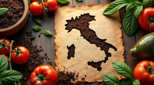 Un mosaico di elementi che rappresentano il legame tra cibo, territorio e cultura italiana.