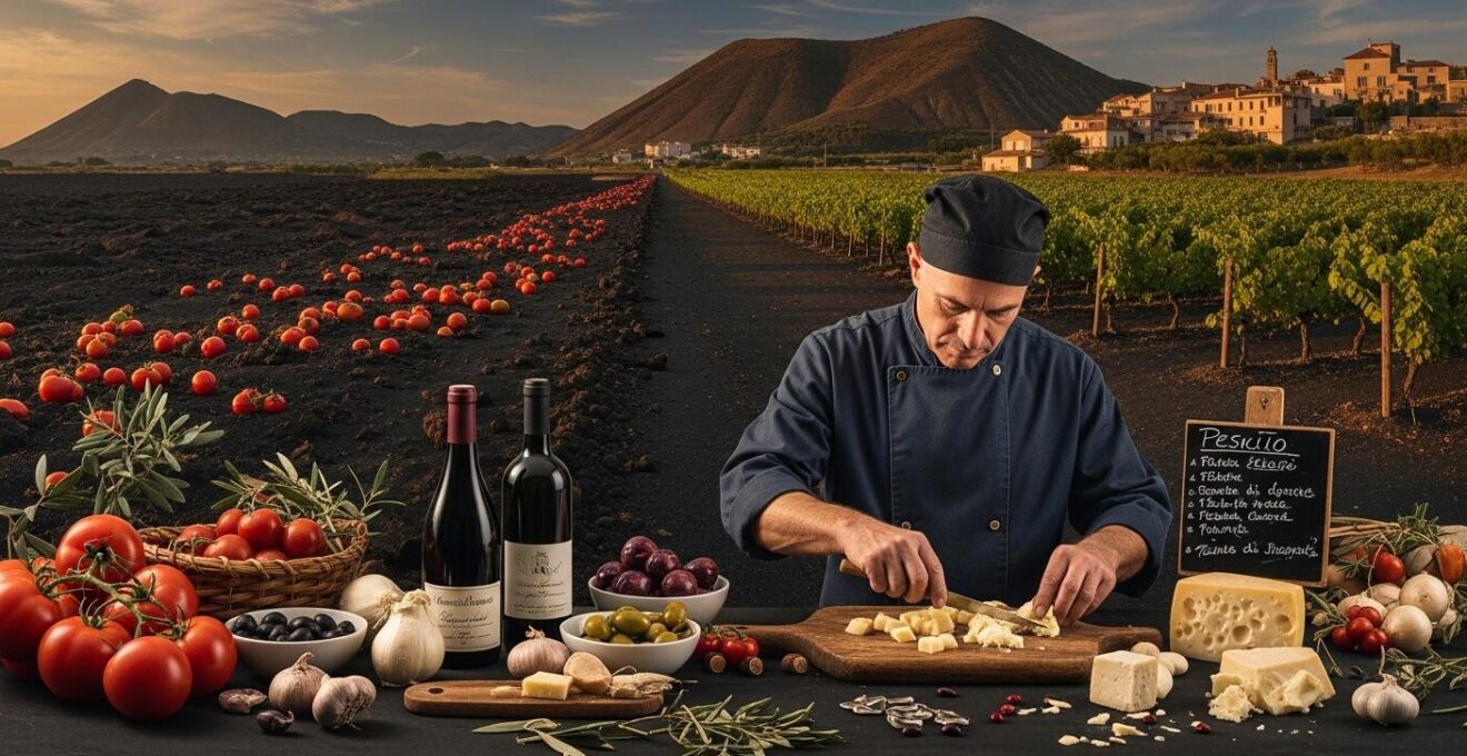 Un'immagine che rappresenta simbolicamente l'anima di un territorio tramite il cibo, includendo paesaggi italiani, ingredienti tipici e tradizioni enogastronomiche