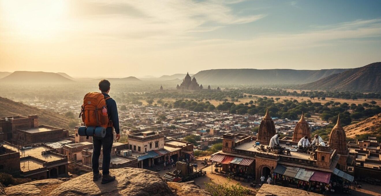 Viaggiatore con zaino che esplora paesaggio naturale con elementi culturali e simbolici autentici