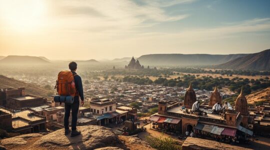 Viaggiatore con zaino che esplora paesaggio naturale con elementi culturali e simbolici autentici