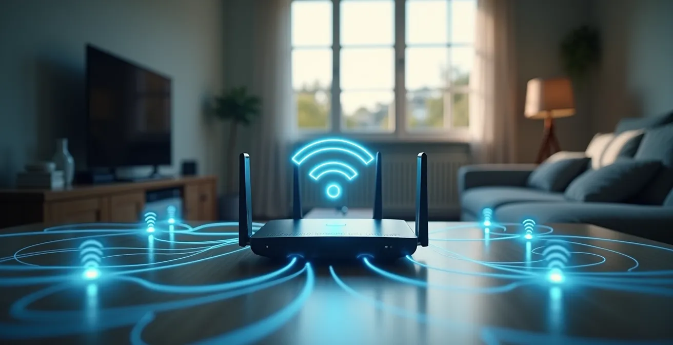 Un'immagine simbolica che mostra un router Wi-Fi centrale in una casa moderna con dispositivi connessi senza fili visibili e una rete luminosa rappresentante il segnale forte e stabile