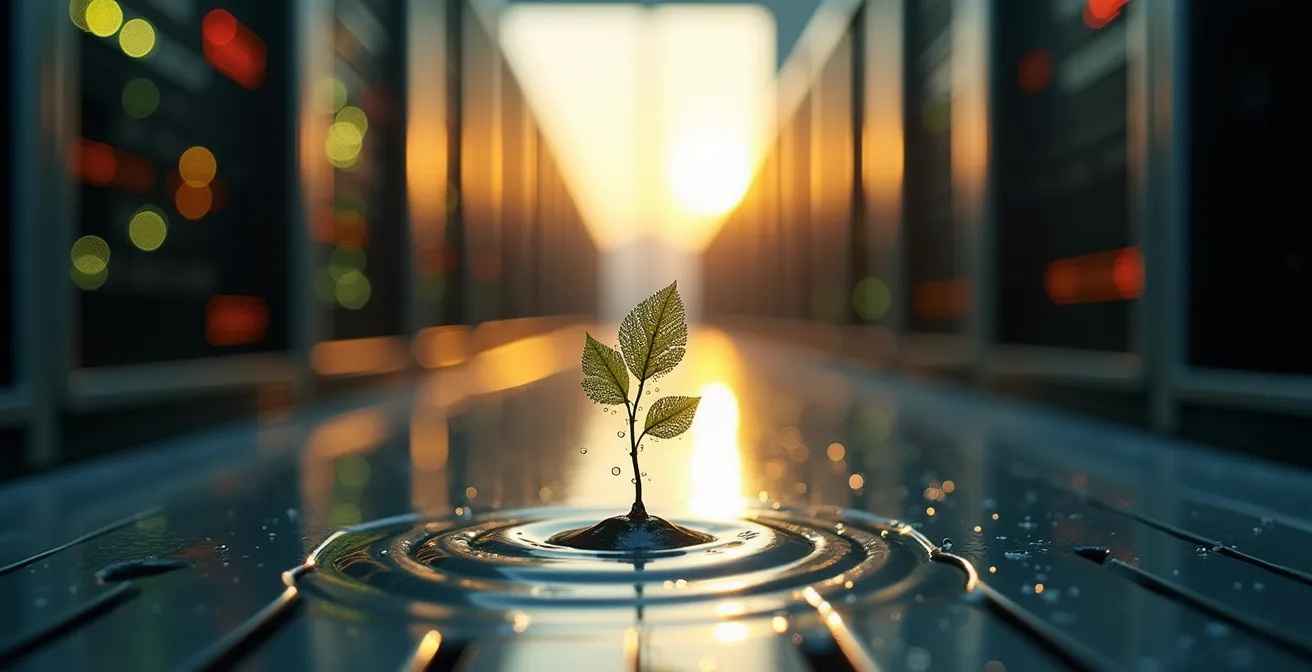 Immagine concettuale dell'impronta ecologica dei data center con acqua e energia in evidenza