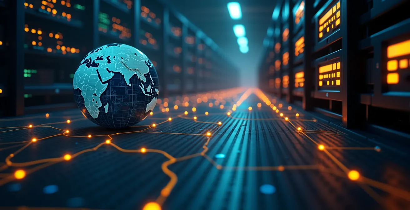 Rappresentazione simbolica dell'infrastruttura fisica di Internet che collega il mondo digitale globale