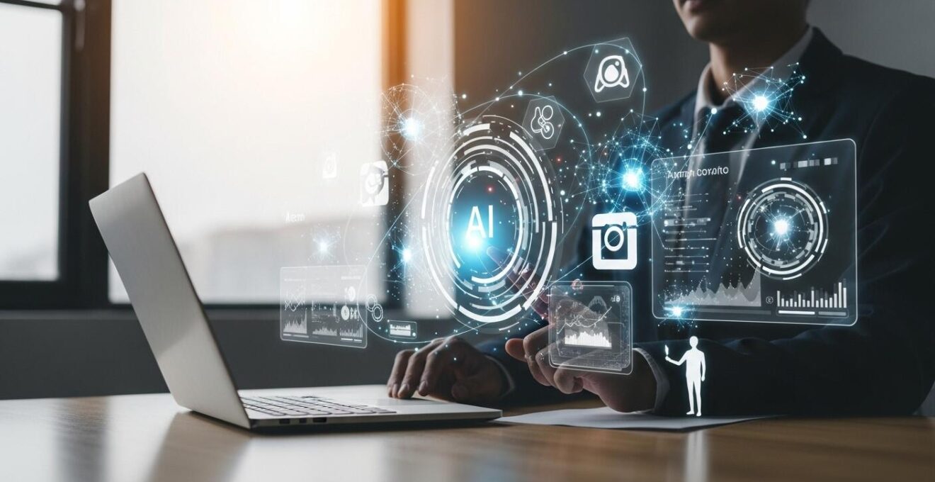 Una scena dinamica che mostra una figura umana che collabora con una serie di schermi e dispositivi tecnologici, rappresentando l'integrazione dell'intelligenza artificiale nella vita professionale.