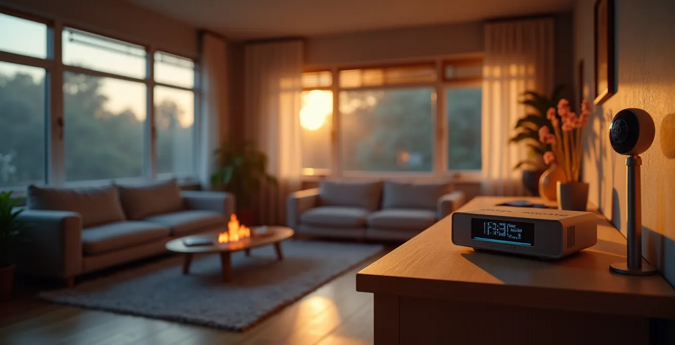 Interno di una casa moderna con dispositivi smart orchestrati da un hub centrale