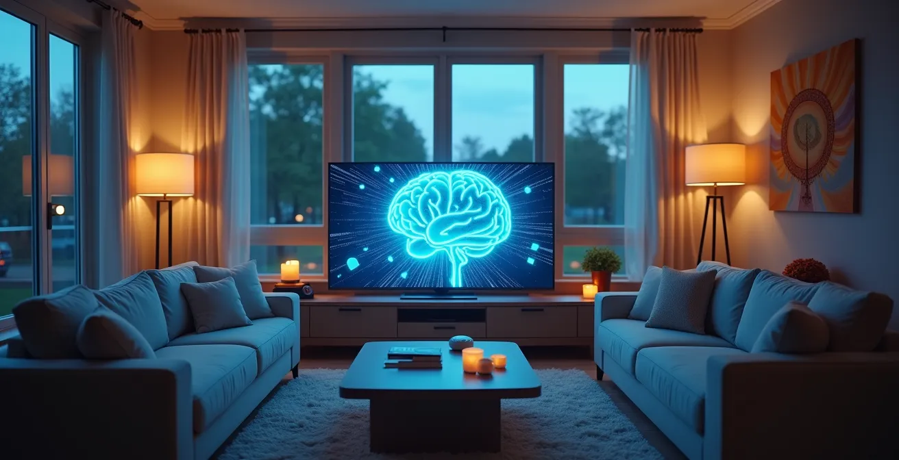 Interno di una casa moderna con dispositivi smart che comunicano tra loro e un cervello digitale centrale che li controlla