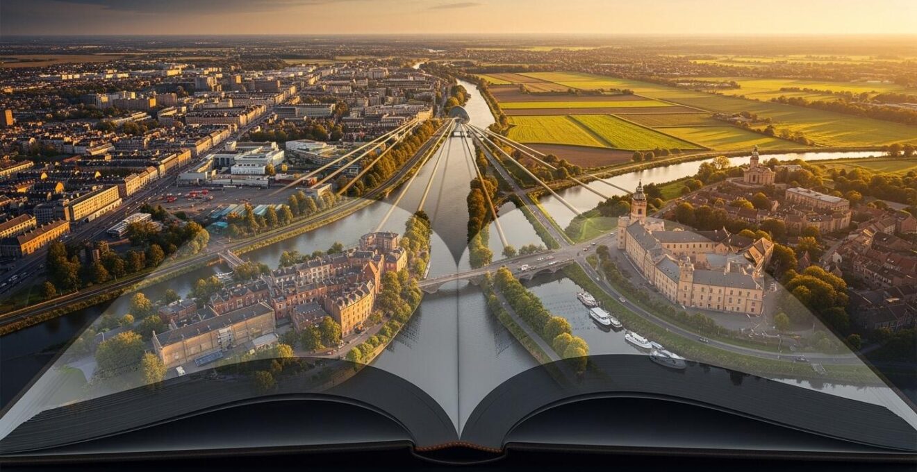 Paesaggio naturale e urbano che si fonde con pagine di un libro aperto, simbolo di esplorazione e scoperta del territorio