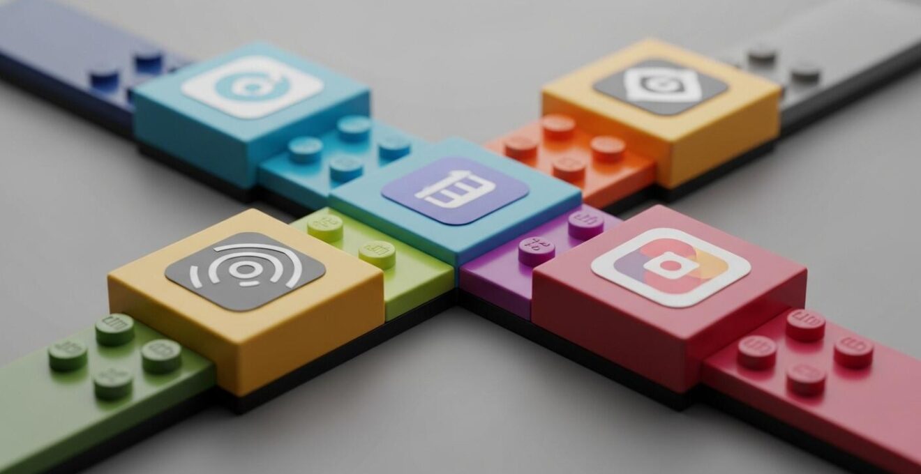Rappresentazione grafica di blocchi simili a Lego che si collegano tra loro come app digitali integrate in un flusso di lavoro automatizzato