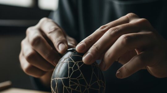 Una coppia di mani che lavorano un oggetto artigianale locale con cura e attenzione, simbolo del nuovo lusso consapevole.