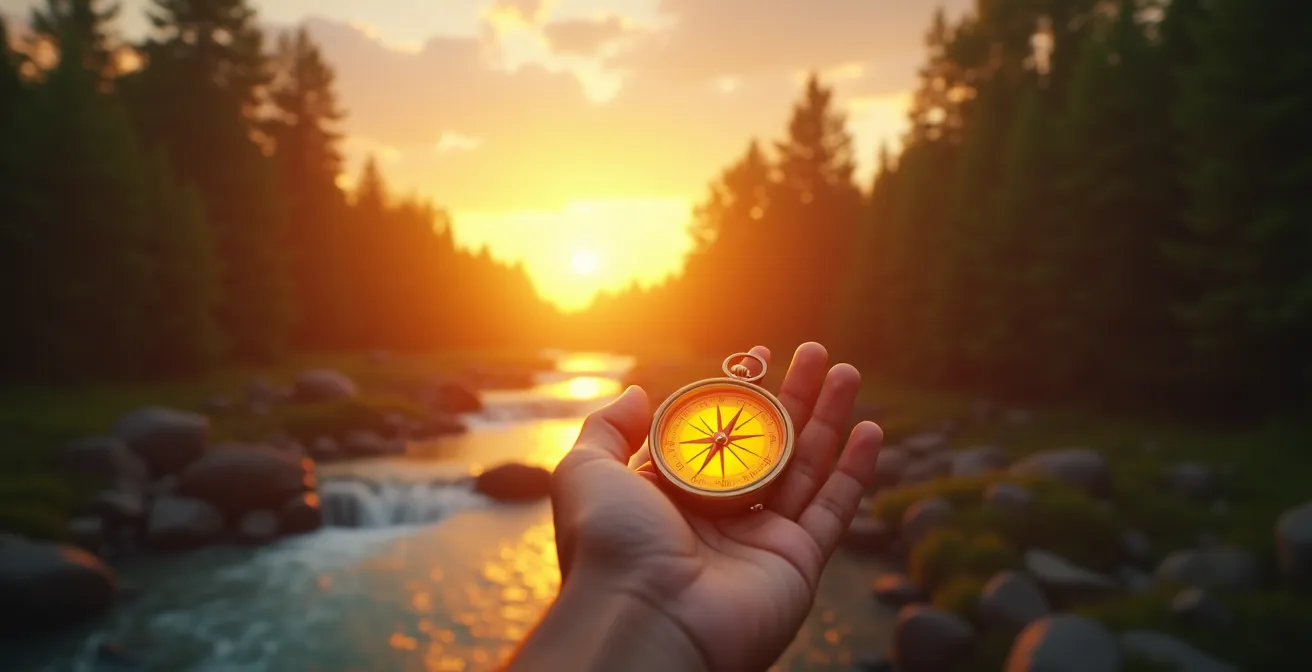 Illustrazione simbolica di una bussola che guida una persona verso uno stile di vita autentico e consapevole, con elementi naturali e simboli di crescita e libertà