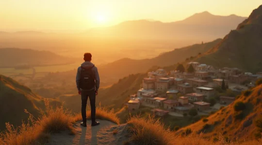Viaggiatore esploratore con zaino in spalla che osserva un paesaggio naturale con elementi culturali locali