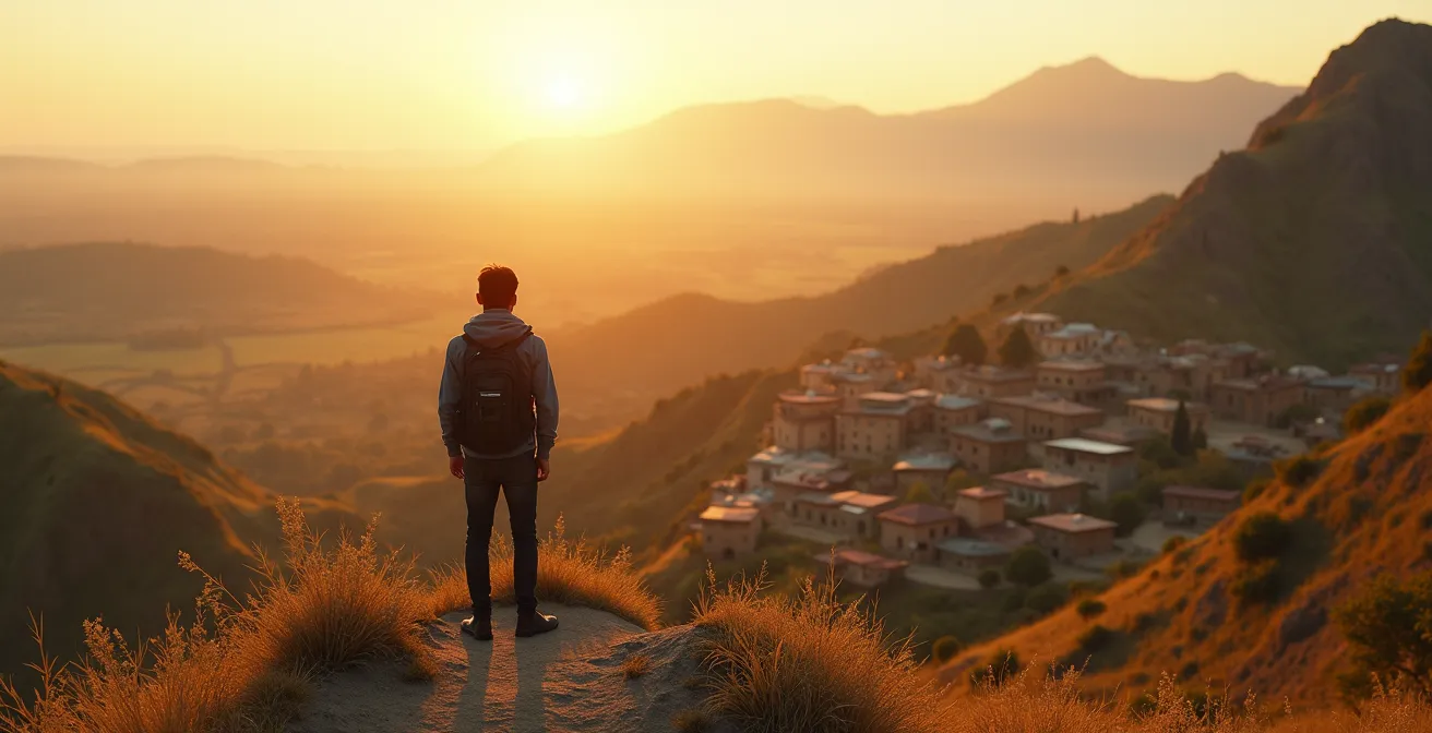 Viaggiatore esploratore con zaino in spalla che osserva un paesaggio naturale con elementi culturali locali