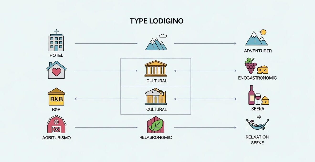 Grafico illustrativo che rappresenta la matrice di scelta tra hotel, B&B e agriturismo in base al tipo di viaggiatore