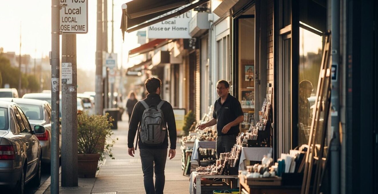 Viaggiatore che esplora un quartiere urbano a piedi, osservando e interagendo con la comunità locale
