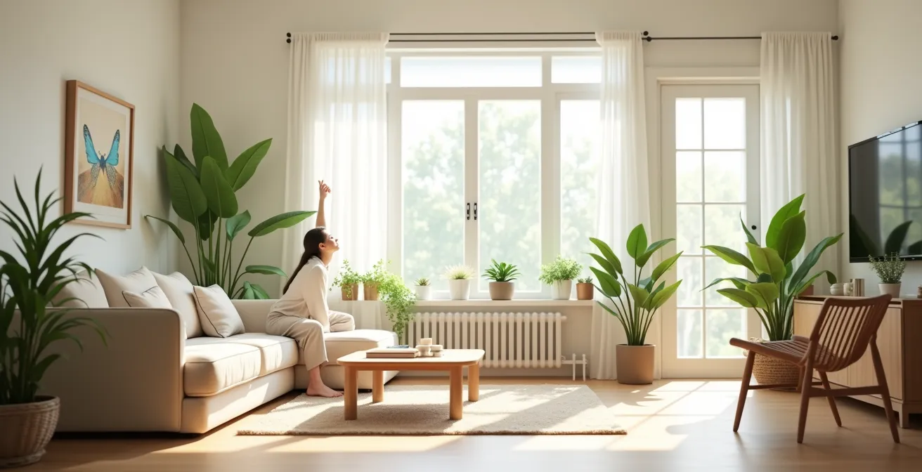 Illustrazione di una casa ordinata e luminosa che rappresenta il minimalismo gioioso, con elementi di natura e oggetti essenziali ben disposti