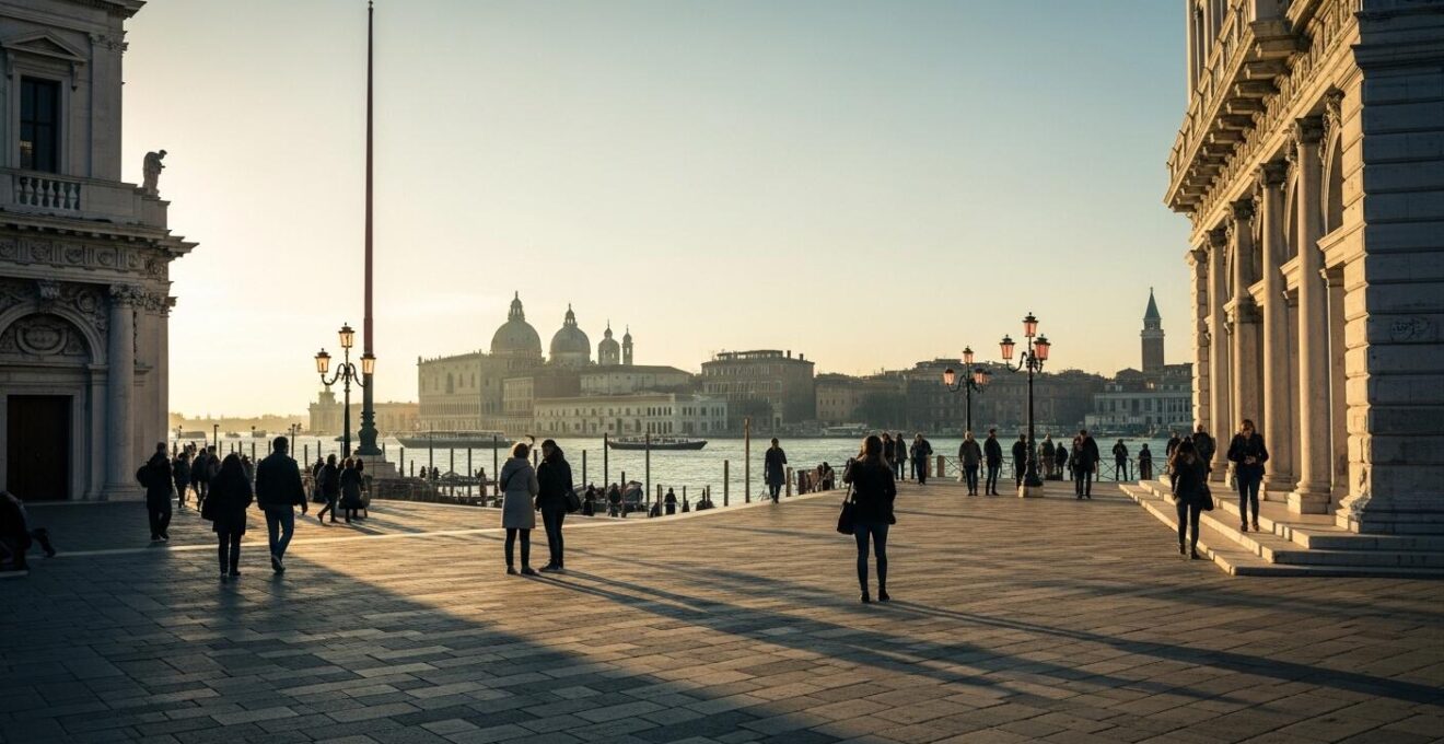 Vista panoramica di una famosa città turistica con pochi visitatori, atmosfera tranquilla e autentica