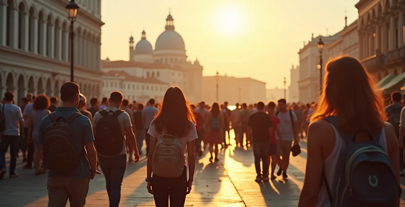 Vista panoramica simbolica di un gruppo di turisti lontani da una folla densa davanti a monumenti famosi come Venezia e altri luoghi iconici nel mondo.