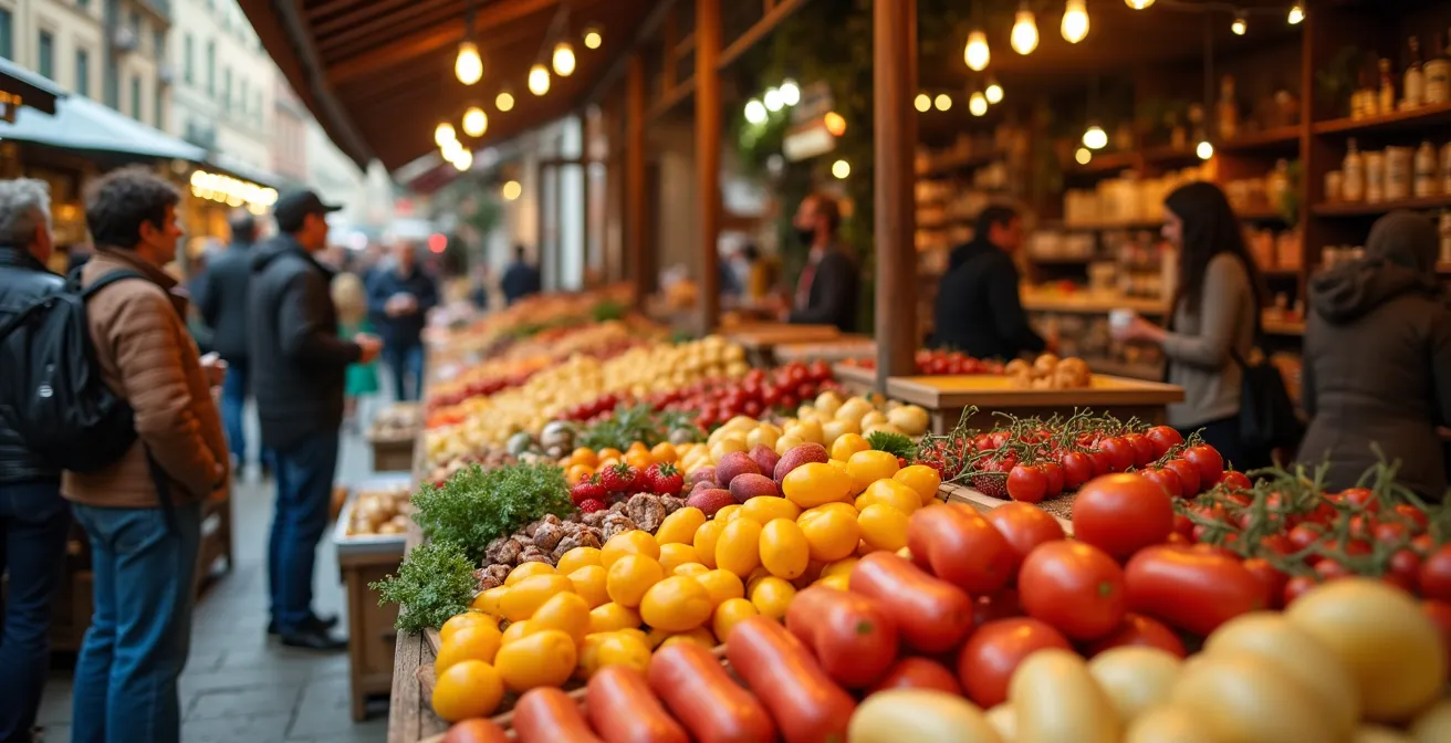 Fotografia realistica di un mercato alimentare italiano tradizionale con cibi locali tipici e persone in interazione