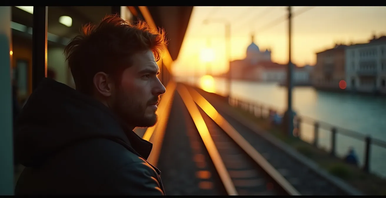 Scena mattutina di un pendolare rilassato che viaggia su un treno da Treviso a Venezia, con vista panoramica della laguna all'alba