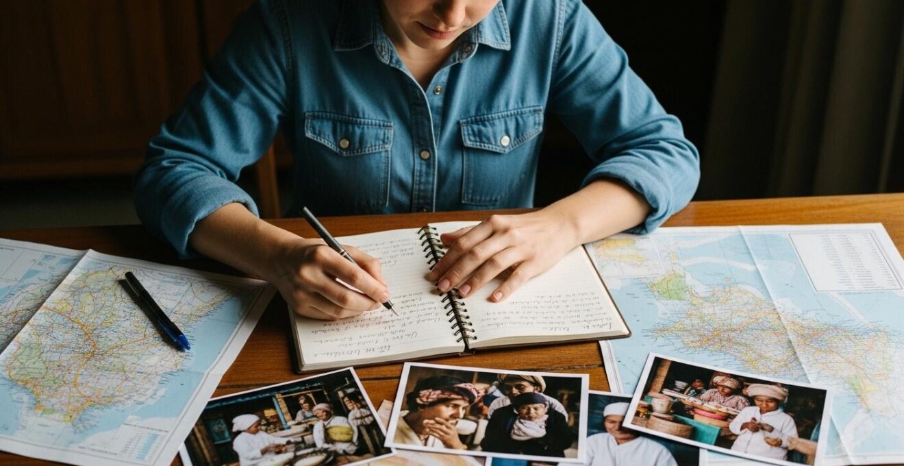 Viaggiatore che studia mappe culturali e si connette con comunità locali prima della partenza